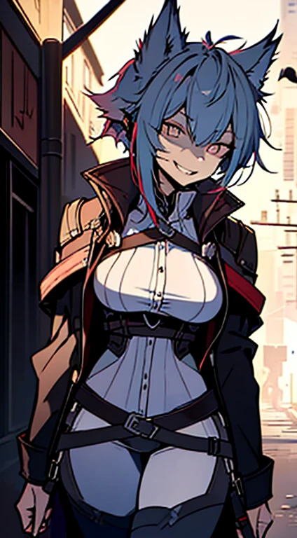1girl, short_rebellious_hairblue_hair, hair tips to the side, scary_eyes, short_hair, scary_smile, Evil smile_sharp_wild teeth, soulless_black_eyes, looking_at_vi ewer, holding, shirt, pant, animal_ears, blue_ ears, wolf_woman, blue_tail, body_perfect, Milf_body, female_body_muscular, scar_on_thighs, scar_on_the abdomen,assassin's creed:hunter_outfit_black