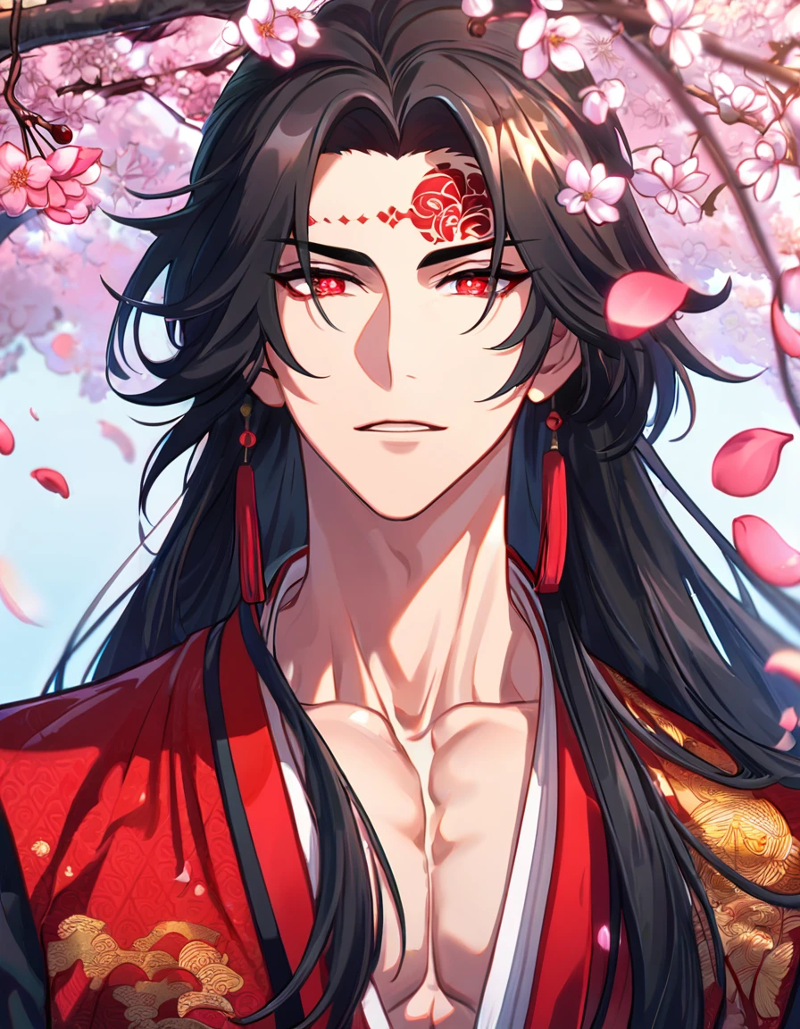 absurdres, highres, ultra detailed, HDR, master piece, best quality, perfect face, beautiful eyes, Luo Binghe, black long hair, without bangs, expressive red eyes, Scumbag System, solo, sexy man, handsome, red lotus tattoo on the forehead, black and red robes, patterns, accessories, toned chest, cherry blossoms, pink petals, pink flowers, pink butterflies, Chinese ambiance