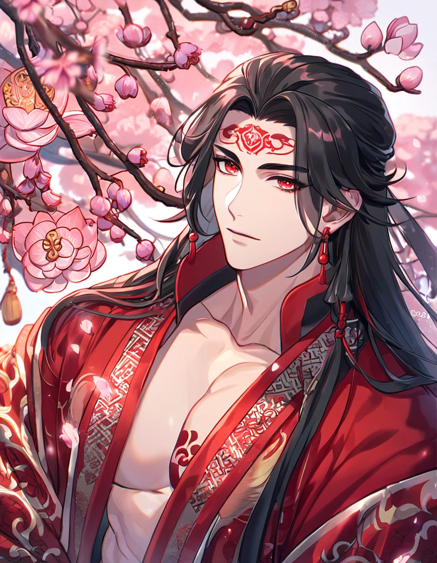 absurdres, highres, ultra detailed, HDR, master piece, best quality, perfect face, beautiful eyes, Luo Binghe, black long hair, without bangs, expressive red eyes, Scumbag System, solo, sexy man, handsome, red lotus tattoo on the forehead, black and red robes, patterns, accessories, toned chest, cherry blossoms, pink petals, pink flowers, pink butterflies, Chinese ambiance