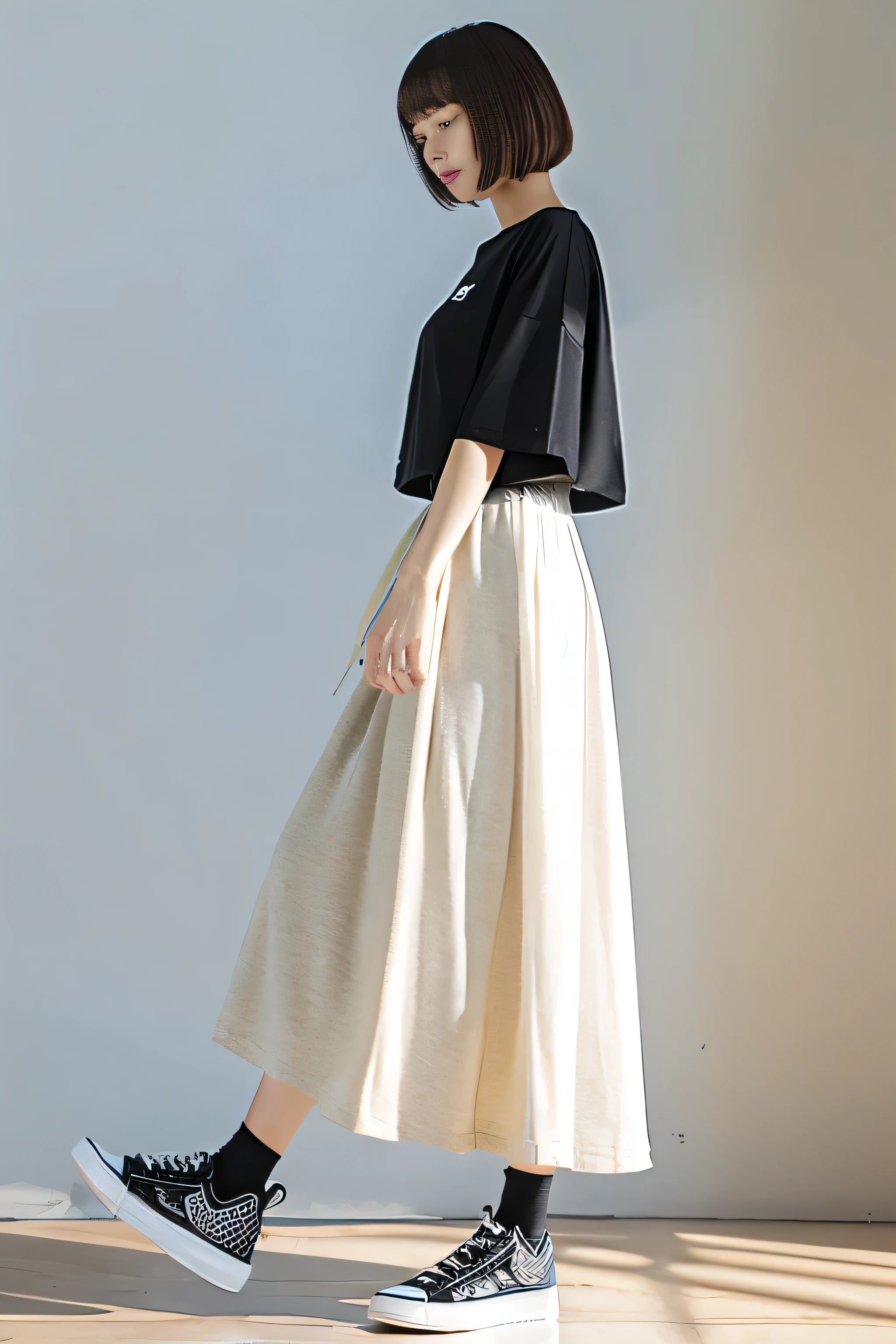((highest quality)), ((masterpiece)), (detailed), Perfect Face,maxi skirt,sneakers,Black Skirt,cool,casual,casual clothes,Big white t-shirt,shirt untucked,bob cut,full body,from side