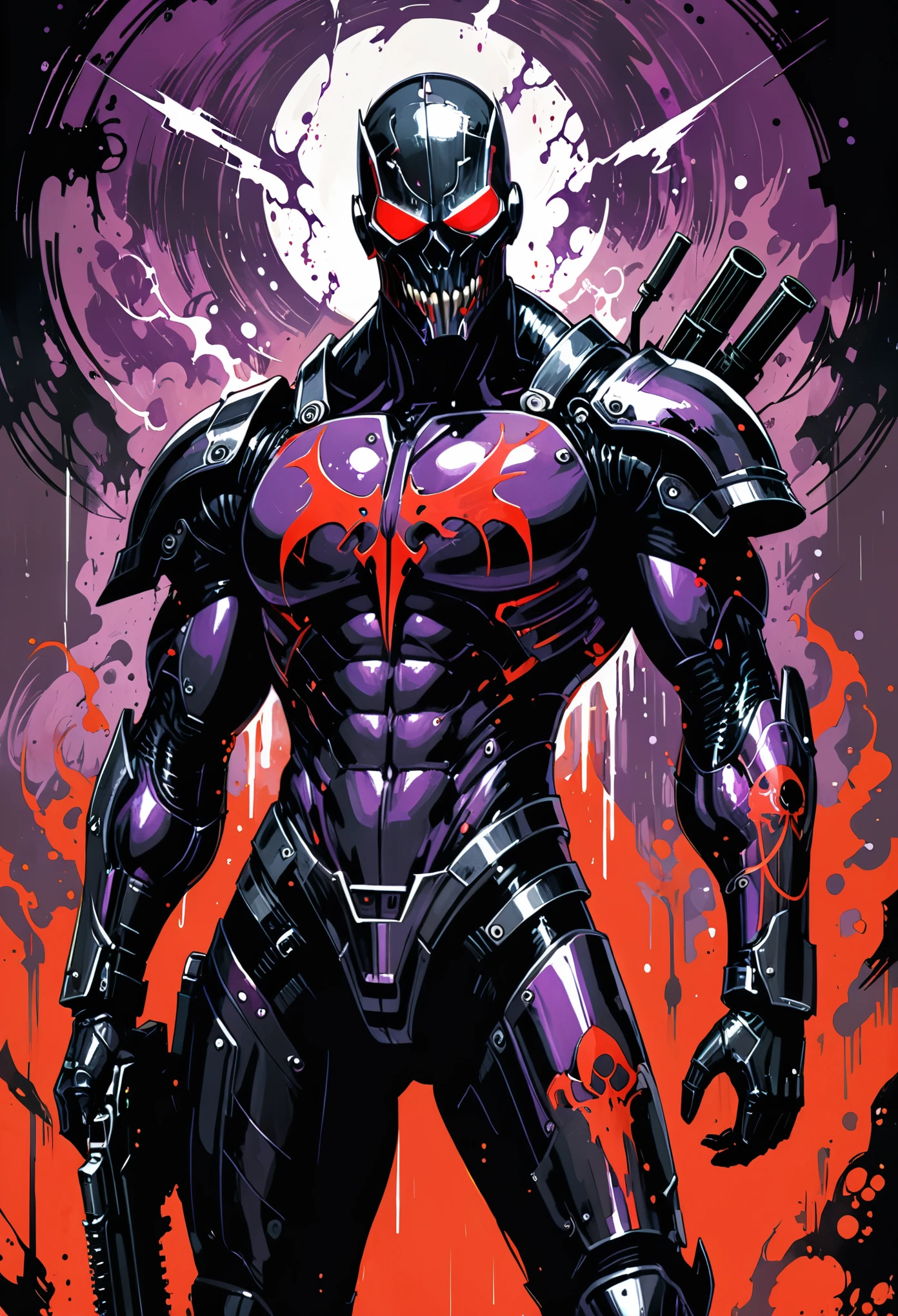 in style of Francesco Francavilla,in style of Ashley Wood,1boy,role conception,terror blood,((death sign)),very detailed,more details,smooth and smooth strokes,shiny black|light red|dark purple Mandelbrot bodysuit armor,Portable heavy weapons,（（muscular））,Miracle celestial body,Cyberpunk art style