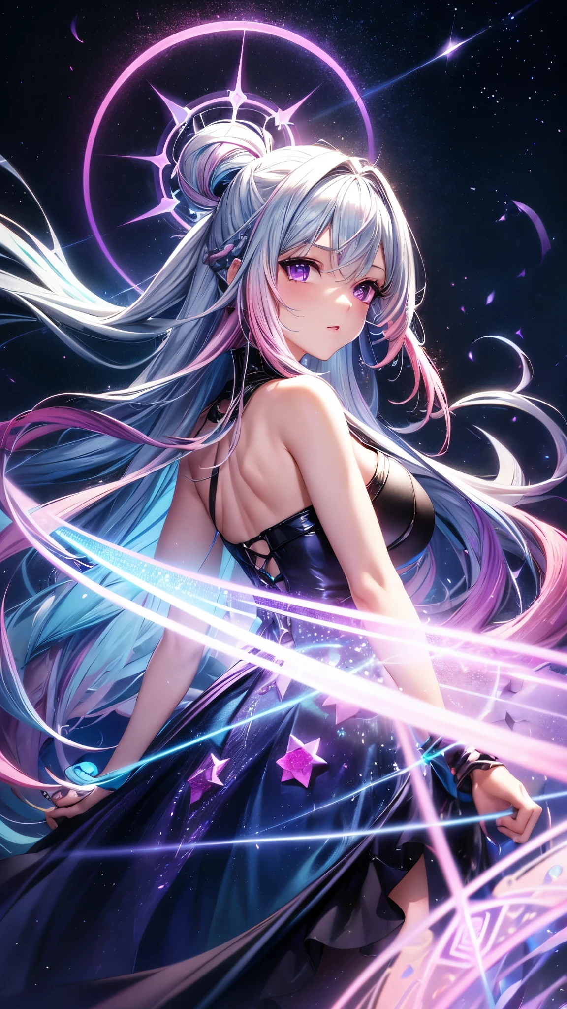 1 girl, one person, (Silver blue hair streaked pink purple:1.4), (Gradient sky blue hair ends:1.6), hair strand, absurdly long hair, single sidelock, wavy hair, shiny hair, floating hair, (Illusion deep purple eyes), delicate eyes, aqua eyes, High like real eyes, ((glowing eyes)), makeup, Focus on face, Very detailed facial, hot body, Random environment, Random pose, on the street, looking at the starry night sky, meteor, Technical clothing masterpiece, White extra long skirt, universe, several cross stars beside, Colored lights swirl around the body, (((Extra super huge colorful extra super complex multiple glowing magic circle upright on the back of the head))), cyberpunk, full body shot, realism anime, chiaroscuro, (glowing light), sparkle, ray tracing, cinematic lighting, Futurism, motion blur, perfect transition, god rays, atmospheric perspective, best quality, UHD, super detail, masterpiece, highres, ccurate, retina, Octane Render