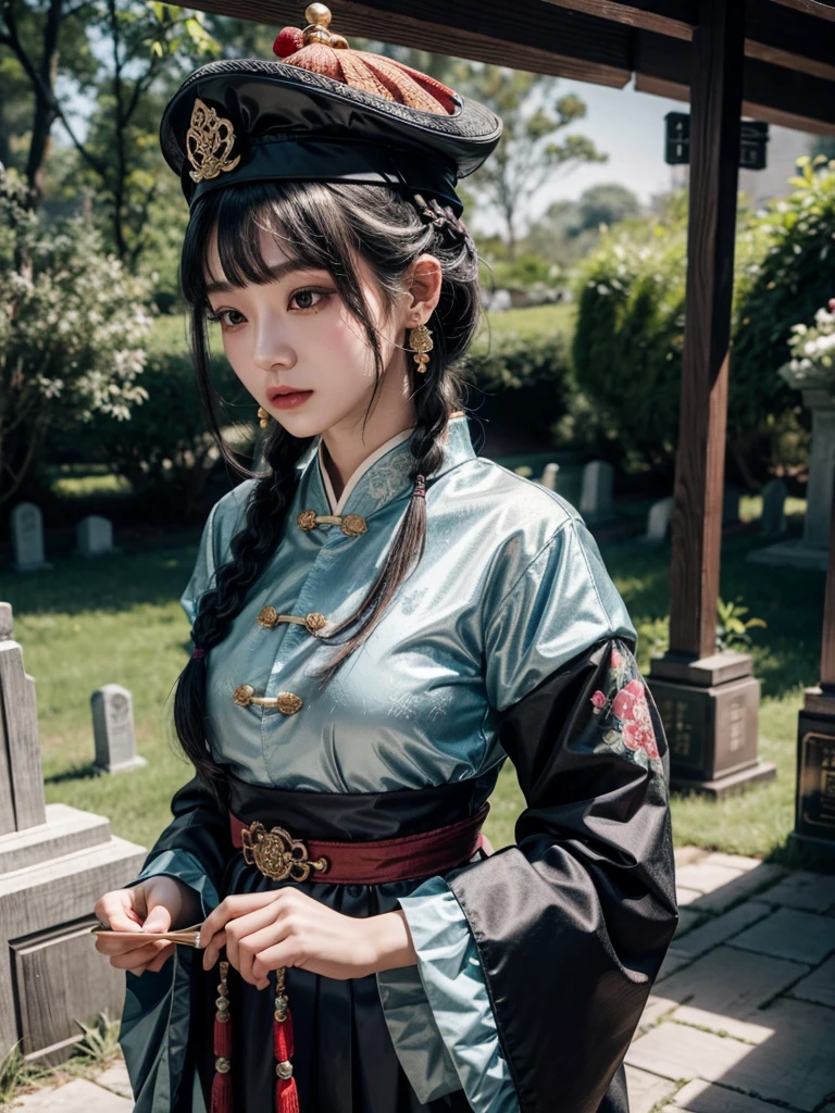 cemetery, dress, braid, chinese clothes, headwear, ofuda, jiangshi, qing guanmao, absurdres, RAW photo, extremely delicate and beautiful, masterpiece, Best Quality, ultra high resolution, 32k, hyperrealistic, ultra-detailed, detailed description, pale skin, 20 years old, tearful mole, earring, Colossal tits, short medium hair, wavy hair, whole body shot,