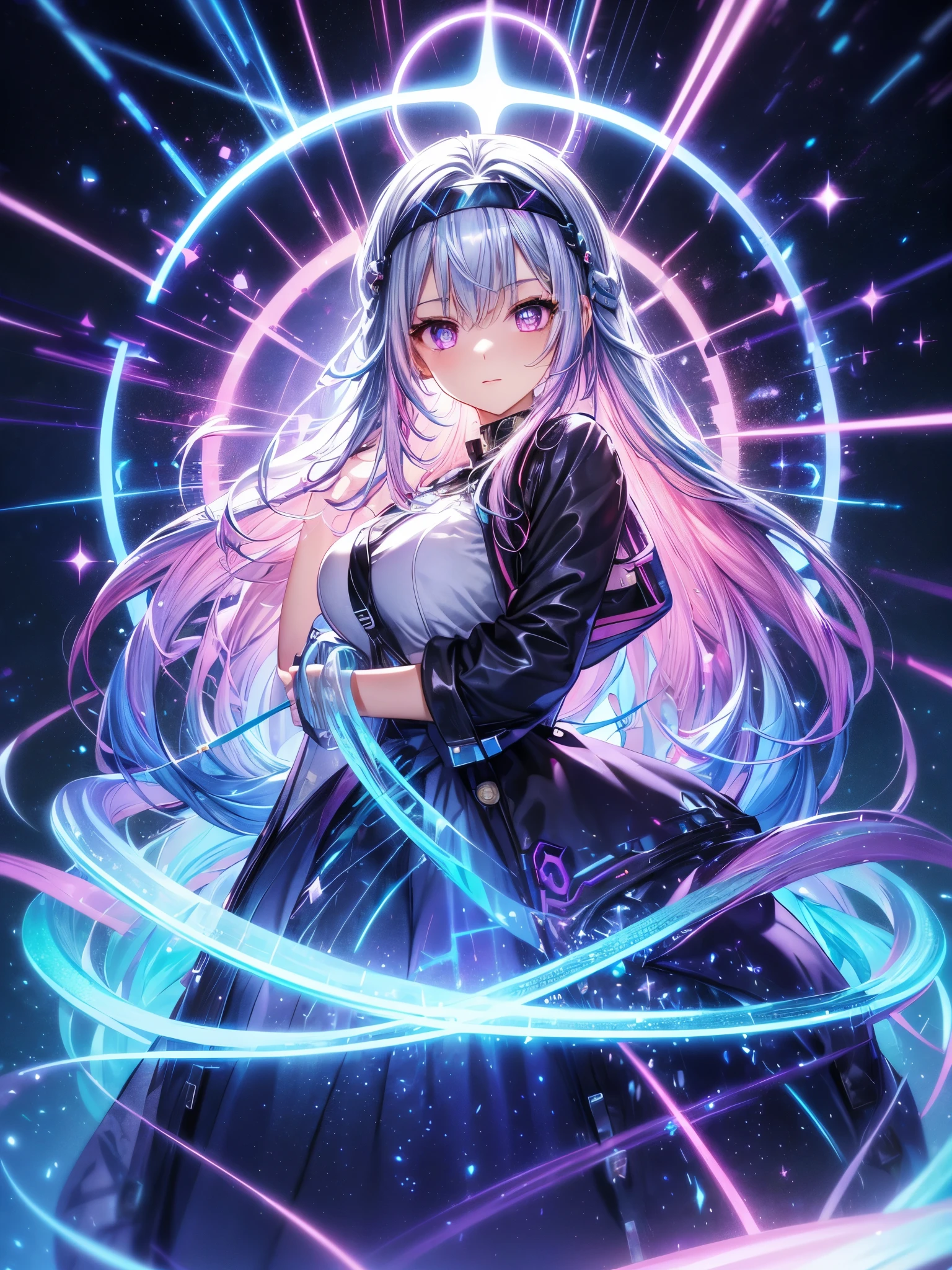 1 girl, one person, (Silver blue hair streaked pink purple:1.4), (Gradient sky blue hair ends:1.6), hair strand, absurdly long hair, single sidelock, wavy hair, shiny hair, floating hair, (Illusion deep purple eyes), delicate eyes, aqua eyes, High like real eyes, ((glowing eyes)), makeup, Focus on face, Very detailed facial, hot body, Random environment, Random pose, on the street, looking at the starry night sky, meteor, Technical clothing masterpiece, White extra long skirt, universe, several cross stars beside, Colored lights swirl around the body, (((Extra super huge colorful extra super complex multiple glowing magic circle upright on the back of the head))), cyberpunk, full body shot, realism anime, chiaroscuro, (glowing light), sparkle, ray tracing, cinematic lighting, Futurism, motion blur, perfect transition, god rays, atmospheric perspective, best quality, UHD, super detail, masterpiece, highres, ccurate, retina, Octane Render