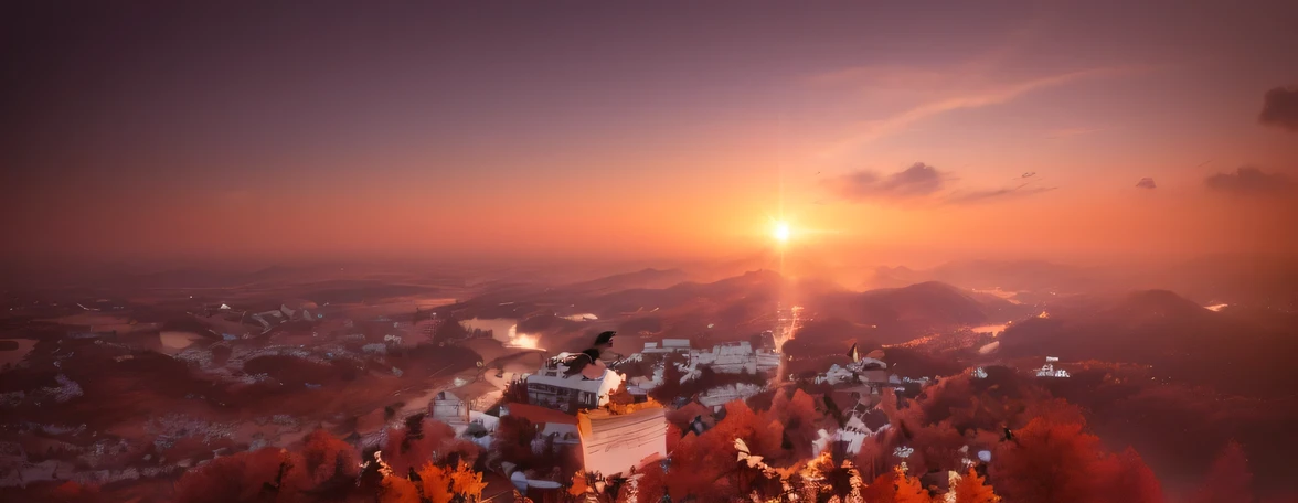 Bird's eye view of a mountain、A castle and a river, " Aerial view of the mountains, Dreamy Chinatown, Taoist temples and monks, hyper wide view, Palace on the Hill, Shoot from the top wide angle, old Chinese building, author:Emma Andijewska, drone wide shot, drone photography, Hill Castle, author:Daniel Lisk