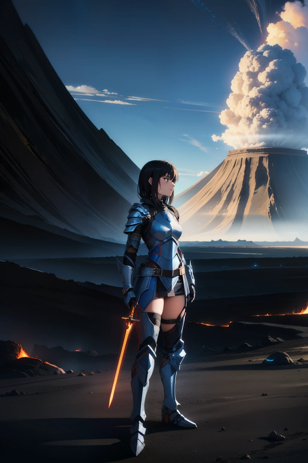 Warrior woman, in the distance, armored, blue armor standing out from the scenery, inhospitable landscape of small volcanic eruptions, burning soot, woman in the distance raising a shining sword.