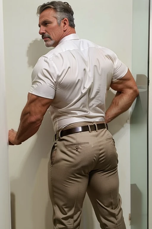 age 60, white man police detective with a mature, backside, kind demeanor, strong and muscular yet chubby build, mustache, wearing dress pants and a buttoned-open translucent shirt that reveals a hairy chest and a noticeable bulge, wearing detective badge on belt, giving off a hint of a horny yet disgusting aura, completing the look with comfortable loafers. Shirtless backside big butt creme trouser bent