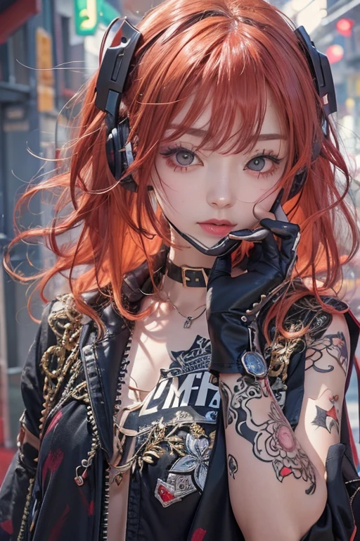No sleeve、Tattoo、真っred、本当にredい、red、red-haired、corruption、red hairs、Headphones、🎧、Goth_punk, One Girl, alone, Medium Shot, Walking around Harajuku, ((at night)), Bokeh Depth of Field, Neon Light, Rainbow Eyes, Starry Sky, red glowing hair, Black eyebrows, Radiant hair, (iridescent red hair), 耳Nipple Ring, Bans, gem, mask, 鈍い前hair, Veld's Eye, 口mask, Blurred背景, Blurred, hair adornments, Look at the viewers, shorth hair, Portraiture, Side Lock、Goth、(Tabletop), (Portraiture), (beautiful), (beautiful), (Upper blood), (high quality), (beautiful衣服), (Professional Perspective), (Rule of thirds), (feminine), (woman), (woman), (beautiful),(feminine features), (Age 25), alone, woman1名, (Charming punk girl), Winters, Dramatic Light, ((I'm playing the guitar)), (Are standing), anddgy makeup, (Small breasts), ((Electric guitar)), (Front Face), (Resistance的な表情), ((Resistance)), (レザージャケットとTattoo), ((Short hair)), (dyed (and.G. and pink) hair), (spiky hair), (Thick hair), Matte shine hair, (Hair bands scattered in the hair), (Green eyes), (A bold and daring look), (Pale skin), (Dark clothing), (Band T-shirts), (Ripped jeans), (-), Crew neck), ((Urban alley background)), (Close-up shot), beautiful hands, both hands, Normal hand, Two Arms, Complete Hand, beautiful body, beautiful fingers, Normal finger, Five Fingers, Five Fingers, (Thumb Index Finger Ring Finger), beautiful ears, Normal ear, beautiful eyes, Shining Eyes, beautiful mouth, beautiful lips,