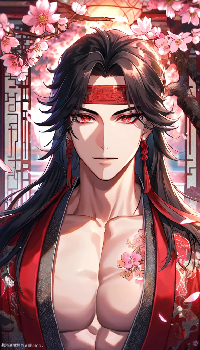absurdres, highres, ultra detailed, HDR, master piece, best quality, perfect face, beautiful eyes, Luo Binghe, black long hair, without bangs, expressive red eyes, Scumbag System, solo, sexy man, handsome, red lotus tattoo on the forehead, black and red robes, patterns, accessories, toned chest, cherry blossoms, pink petals, pink flowers, pink butterflies, Chinese ambiance