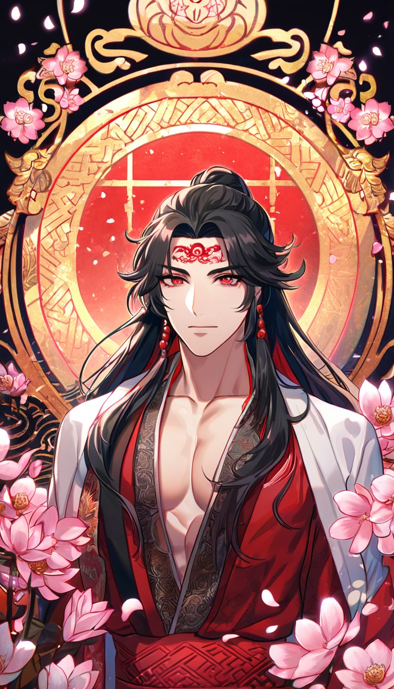 absurdres, highres, ultra detailed, HDR, master piece, best quality, perfect face, beautiful eyes, Luo Binghe, black long hair, without bangs, expressive red eyes, Scumbag System, solo, sexy man, handsome, red lotus tattoo on the forehead, black and red robes, patterns, accessories, toned chest, cherry blossoms, pink petals, pink flowers, pink butterflies, Chinese ambiance