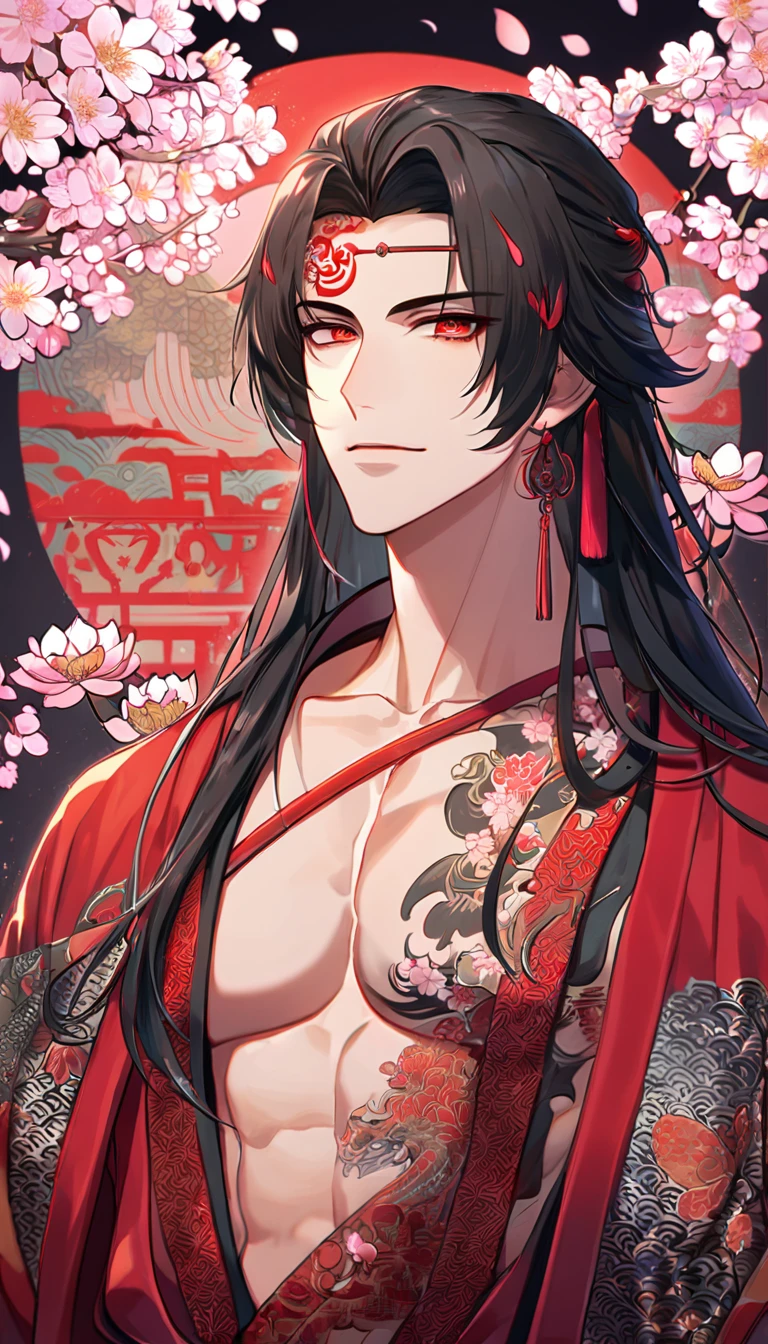absurdres, highres, ultra detailed, HDR, master piece, best quality, perfect face, beautiful eyes, Luo Binghe, black long hair, without bangs, expressive red eyes, Scumbag System, solo, sexy man, handsome, red lotus tattoo on the forehead, black and red robes, patterns, accessories, toned chest, cherry blossoms, pink petals, pink flowers, pink butterflies, Chinese ambiance