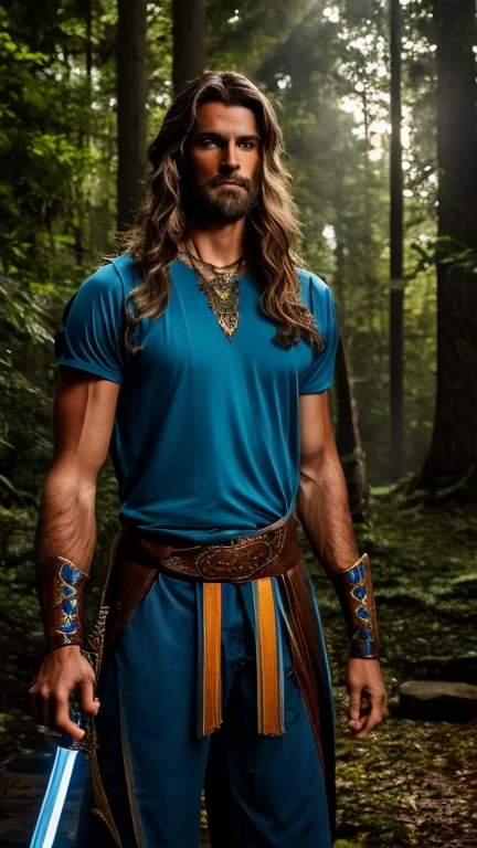 Tall, handsome, strong man with long, wavy, light brown hair, wearing a cyan blue royal family guard knight’s shirt, light brown traveler’s trousers and some metal greaves, pulling a legendary, sacred sword from an altar, located in the middle of a forgotten forest surrounded by small multicolored glows