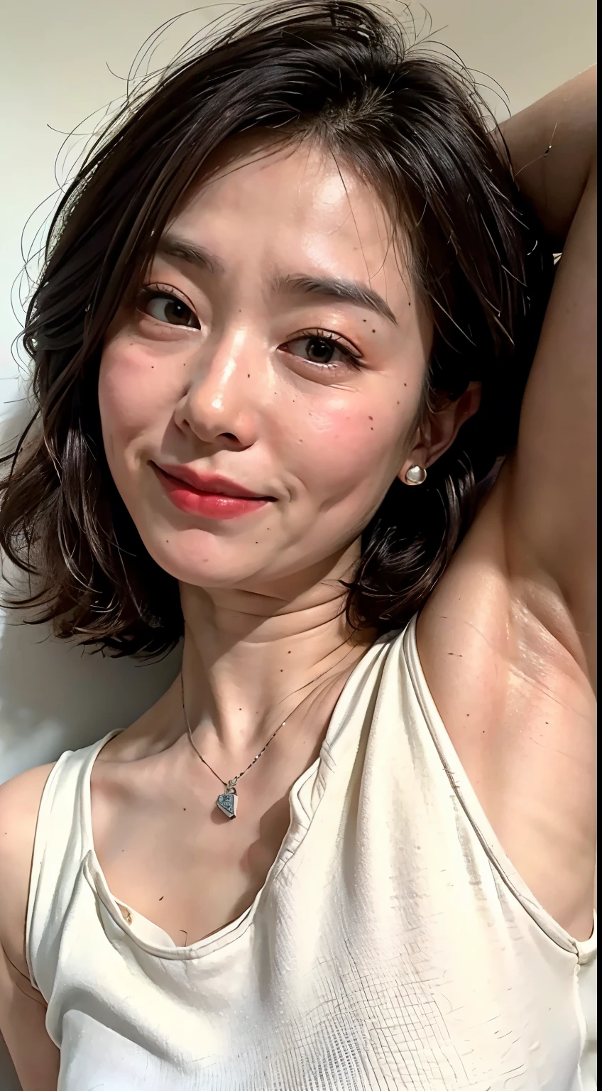 (Realistic:1.3、Ultra HD、Ultra-high resolution、8k、Japanese Housewife、At work、White collared shirt、Sleep on your back)、((Looking into the camera:1.8))、(Extremely realistic skin texture:1.4)、(Realistic:1.3)、short hair、(Embarrassed look:1.5)、(blonde:1.1)、(40-year-old woman、Mature Woman)、Ponytail hairstyle、(Lift your left arm and show your armpit:1.3)、(Armpit close-up:1.4)、(Shooting from the side:1.2)、necklace、Earrings
