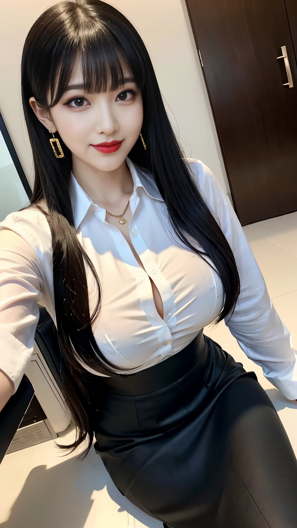 best quality、ultra-detailed、thin, 4k、Japanese、Seductive beauty、seductive adult woman、Villainess、Brainwashed、smirk、Evil look、Wicked Smile、evil、skinny long eyelashes, black long hair、swept bangs、dark makeup、dark makeup、Eyeshadow、red lipstick、assistant、uniform skirt、White Shirt、flare skirt、inside office、model, very large breasts, busty, tight shirt bursting at seams tucked in, cleavage, tight white shirt tucked in, thin, smiling, cleavage cleavage cleavage, white shirt unbuttoned, deep cleavage, black pantyhose, pendant, earrings, black bra, Secretary, office lady, very very tight shirt, very skinny, thin, seductive, uniform skirt, high heels, crossed legs, looking down at viewer, powerful, young, 22 years old, commanding, mistress