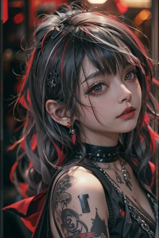 (best quality,8k,masterpiece:1.3), gothic punk, inner color in red, black hair with gray highlights, hair accessory, beautiful girl, creative, punk shirt, neo goth, goth fashion:1.2, high resolution, masterpiece, best quality, head tilted:1.3, (Hasselblad photo), flawless skin, sharp focus, (cinematic lighting), walking Tokyo streets at night behind neon lights, open forehead, 17 years old, brushing back hair, off-shoulder, red tattoo on the décolletage.