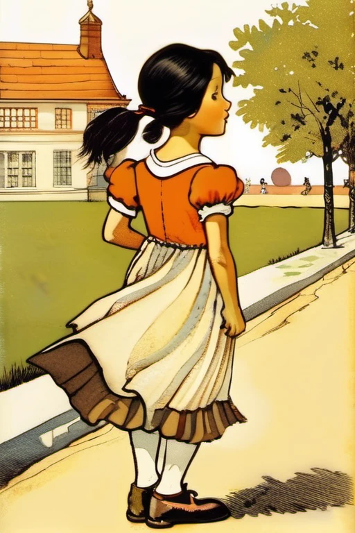 Kate Greenaway Style - a girl of 8 , black hair, brown shoes, eyes shining with curiosity, in school, play ball with friends, bright and courageous, brave, bright smile, in style of Randolph Caldecott book illustration, nude body, flat torso 