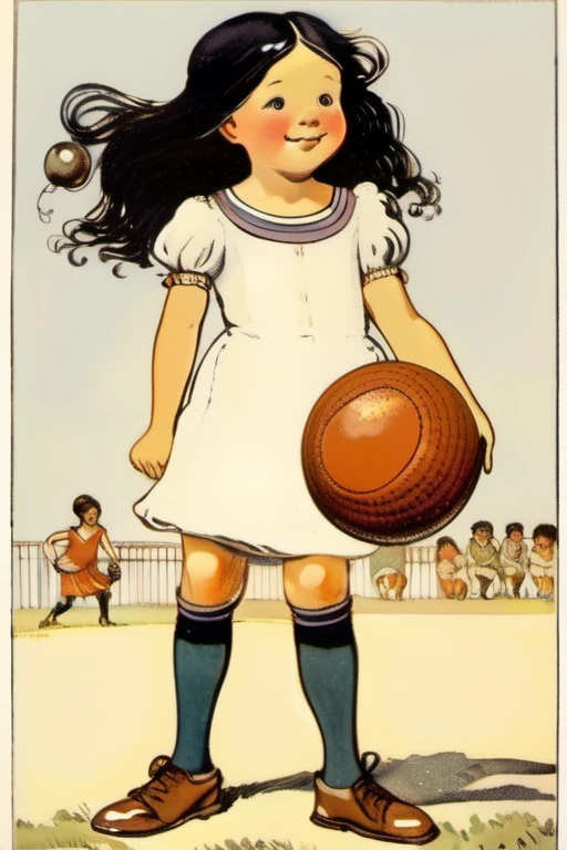 Kate Greenaway Style - a girl of 8 years, black hair, brown shoes, eyes shining with curiosity, in school, play ball with friends, bright and courageous, brave, bright smile, in style of Randolph Caldecott book illustration, nude body, flat torso 