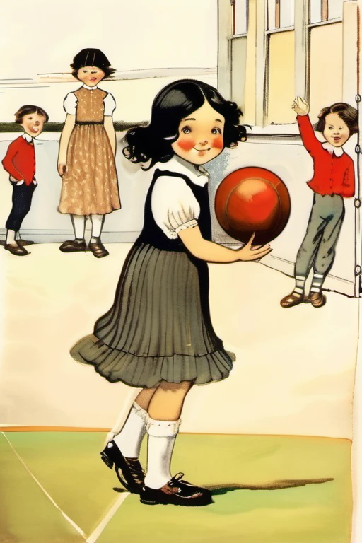 Kate Greenaway Style - a girl of 8 years, black hair, brown shoes, eyes shining with curiosity, in school, play ball with friends, bright and courageous, brave, bright smile, in style of Randolph Caldecott book illustration, nude body, flat torso 