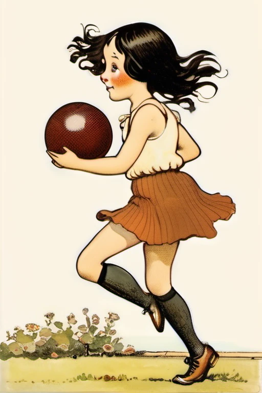 Kate Greenaway Style - a girl of 8 years, black hair, brown shoes, eyes shining with curiosity, in school, play ball with friends, bright and courageous, brave, bright smile, in style of Randolph Caldecott book illustration, nude body, flat torso