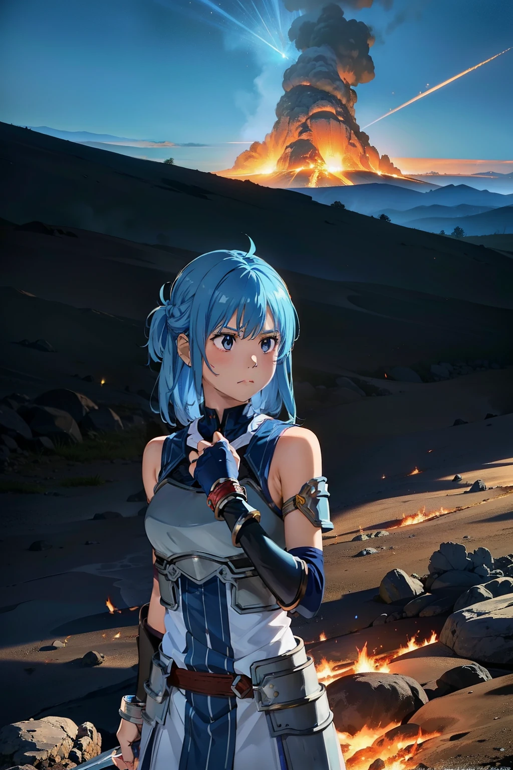 Warrior woman, in the distance, armored, blue armor standing out from the scenery, inhospitable landscape of small volcanic eruptions, burning soot, woman in the distance raising a shining sword.