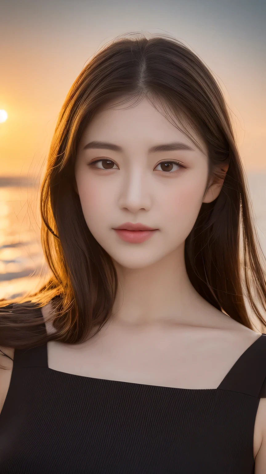 ((highest quality, 8k, masterpiece: 1.3)), Clear focus: 1.2, 1 girl, Plump body type: 1.4, Plump Abs: 1.1, ((Dark brown hair)), Lightweight black dress, (Outdoor, Sunset: 1.1), Beach, Very beautiful face, Beautiful Eyes, double eyelid、Mouth closed