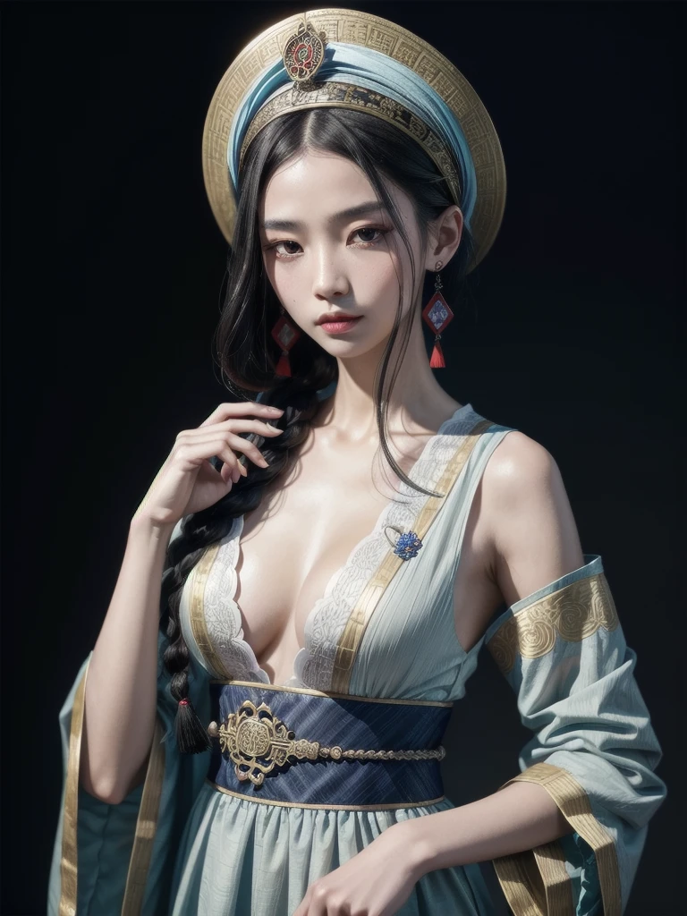 cemetery, dress, braid, chinese clothes, headwear, ofuda, jiangshi, qing guanmao, absurdres, RAW photo, extremely delicate and beautiful, masterpiece, Best Quality, ultra high resolution, 32k, hyperrealistic, ultra-detailed, detailed description, pale skin, 20 years old, tearful mole, earring, Colossal tits, short medium hair, wavy hair, whole body shot,