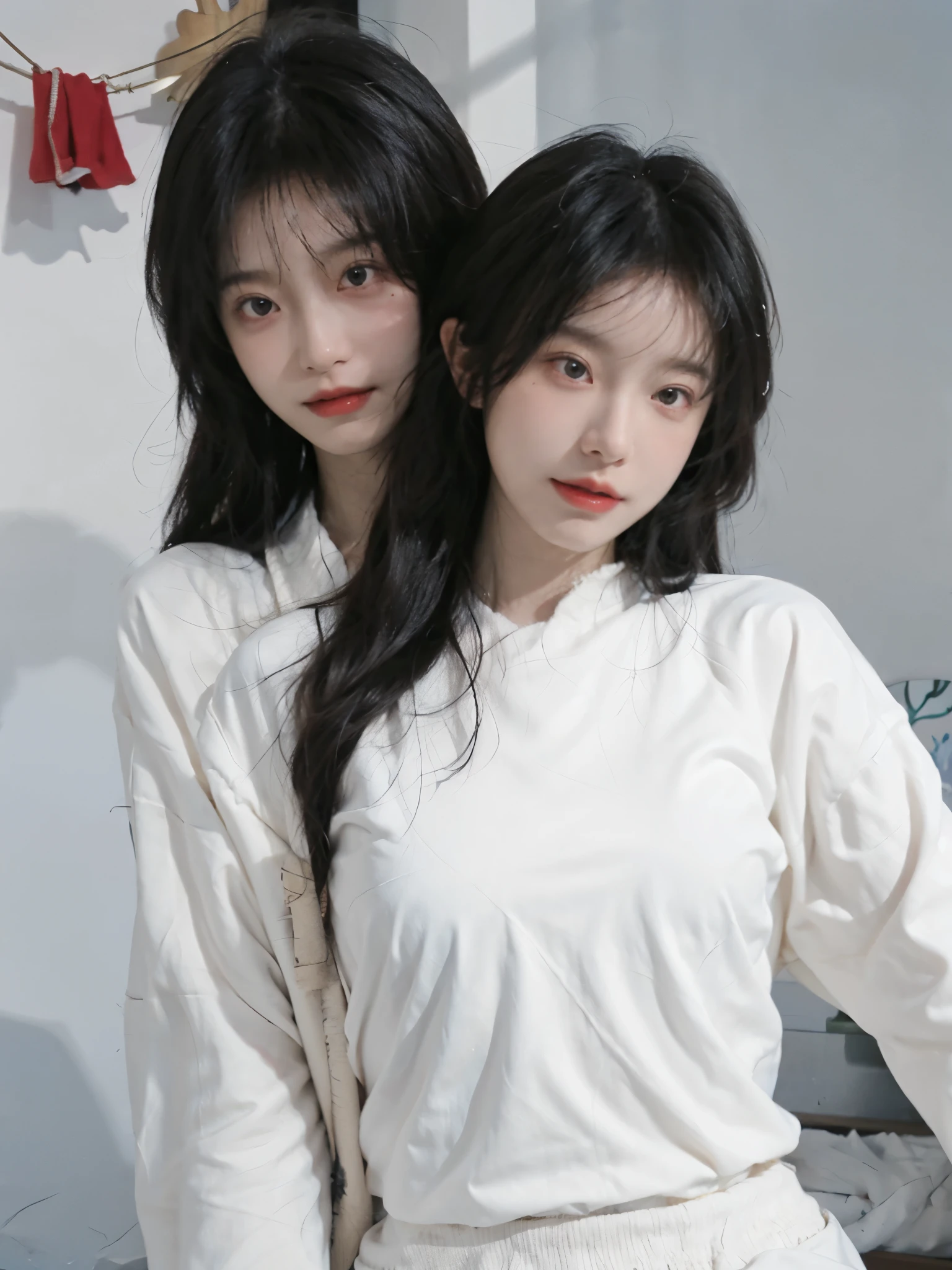 best quality, Ultra-high resolution,16K, Snow White Background,Abdominal muscles,Delicate face shape,(Realistically:1.4), girl,JK, A pair of eyes as clear as snow,Imperial sister,Black long straight, Looking at the audience,