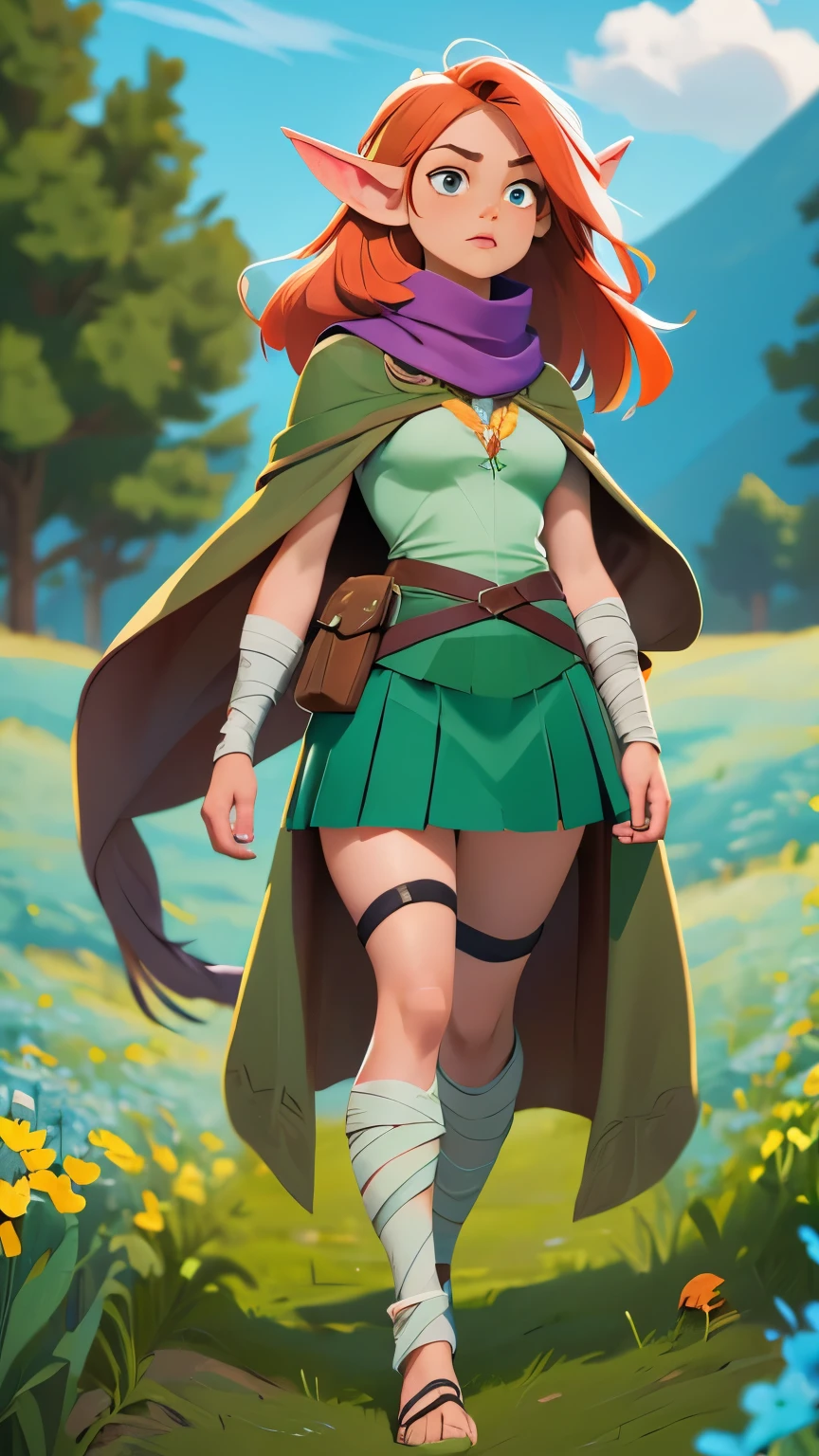 Grass, Sky, Field, League of Legends, 1girl, elf, druid, animal ears, bandage legs, long legs, bandage, bandage, bird legs, bird skull, cape, shut up, ears by headdress, eyes visible through hair, face drawings, feathers, hood, hooded cape, long hair, brown green eyes, Ginger, red hair, colorite hair, armor, blue scarf, scarf, scarf, scarf long hair, hooded scarf, green clothes, green skirt, long skirt, leather armor, nose ring, nostrils, backpack