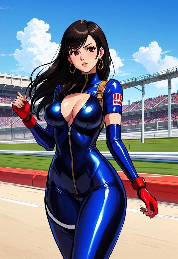 (a cartoon picture of a solo woman in a blue latex suit inspired by: nico robin, tifa lockhart, marin kitagawa fanart, hinata hyuga, mayuri shiina, character from king of fighters, drawn like the anime speed racer), seductive anime girl, thicc, biomechanical oppai, on a racetrack, oppai, wearing tight suit, cyberpunk racetrack, (illustration inpired by : f zero, redline, wipeout, speed racer and king of fighters)