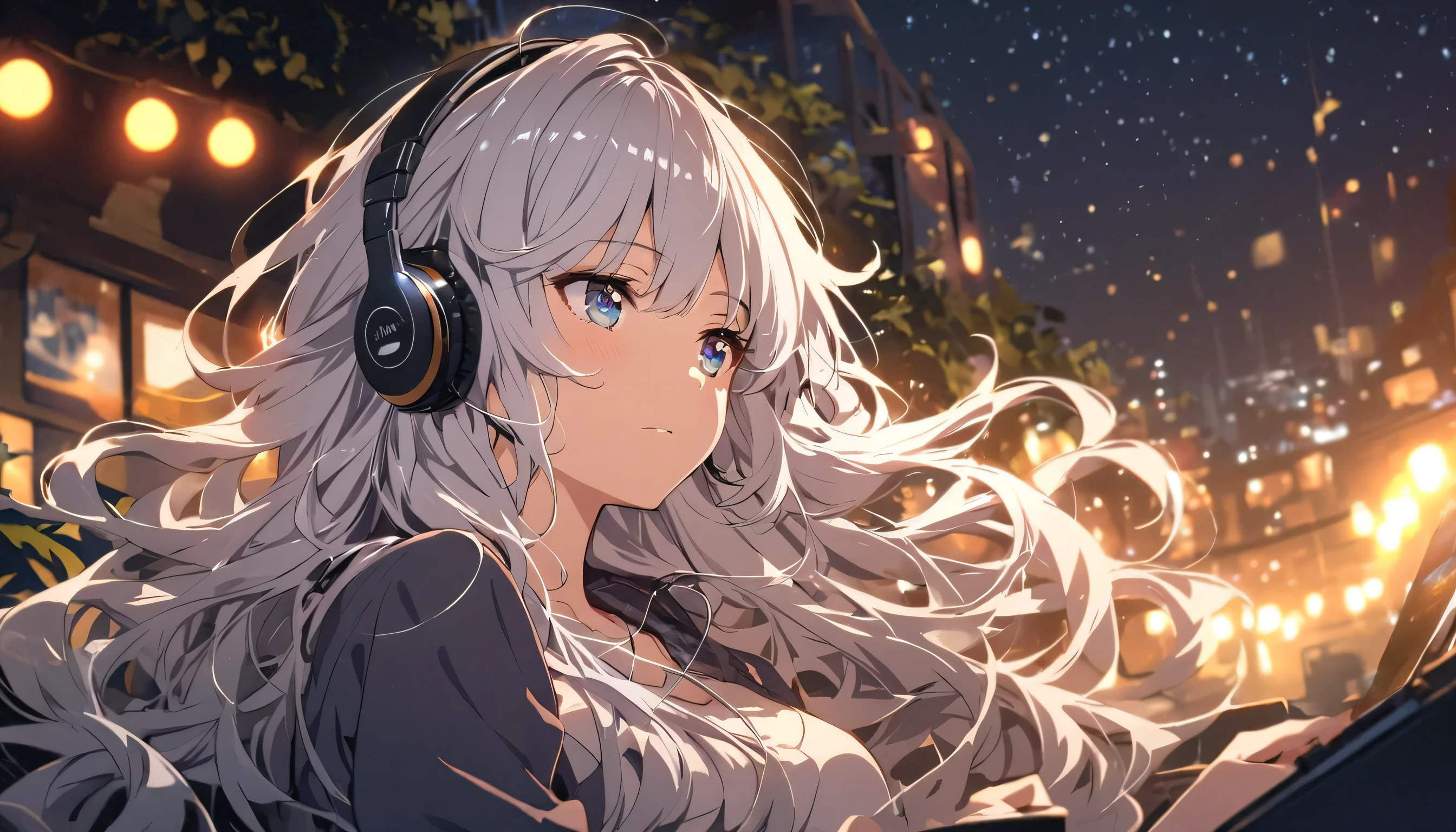 girl, Silver Hair, Long Hair, Disheveled Hair, Shiny Hair, Listening to music, night, headphone