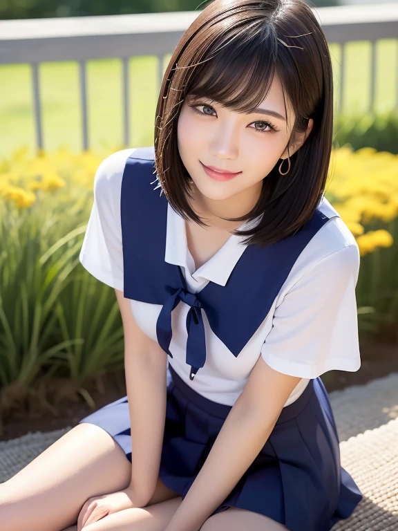 (highest quality:1.5)、(Realistic:1.5)、(1 person:1.5)、Very detailed、High resolution、8k、medium breasts、Natural color lips、Cute Smile、Japanese women、20-year-old girl、Beautiful and elegant face、Perfect and beautiful face、Balanced big eyes、Brunette eyes、Beautiful and elegant face、Natural double eyelids、Natural Bangs、Beautiful thin nose、Beautiful Skin、(Medium Bob Hair)、Natural Bangs、Perfect and beautiful face、Slim face and figure、Look at the viewers、School Sailor Uniform、White short-sleeved blouse shirt, navy pleated micro miniskirt,、Knee-high socks、Beautiful navel、Open the navel、臍が見えるSchool Sailor Uniformを着ている、High-angle composition、(Staring at the camera with a sweet smile)、Bright lighting、Professional Lighting、Forward lighting、Beautiful feet:1.2、Smooth Skin、Slim Body、Slim waistline、slim thin thighs、sit、Cleavage、Lavender Fields、