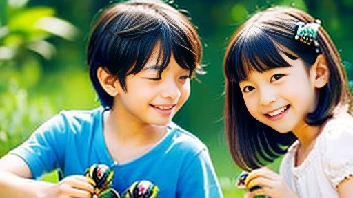 田舎で田舎でChildren playing with beautiful beetles、Children playing with beautiful beetles、