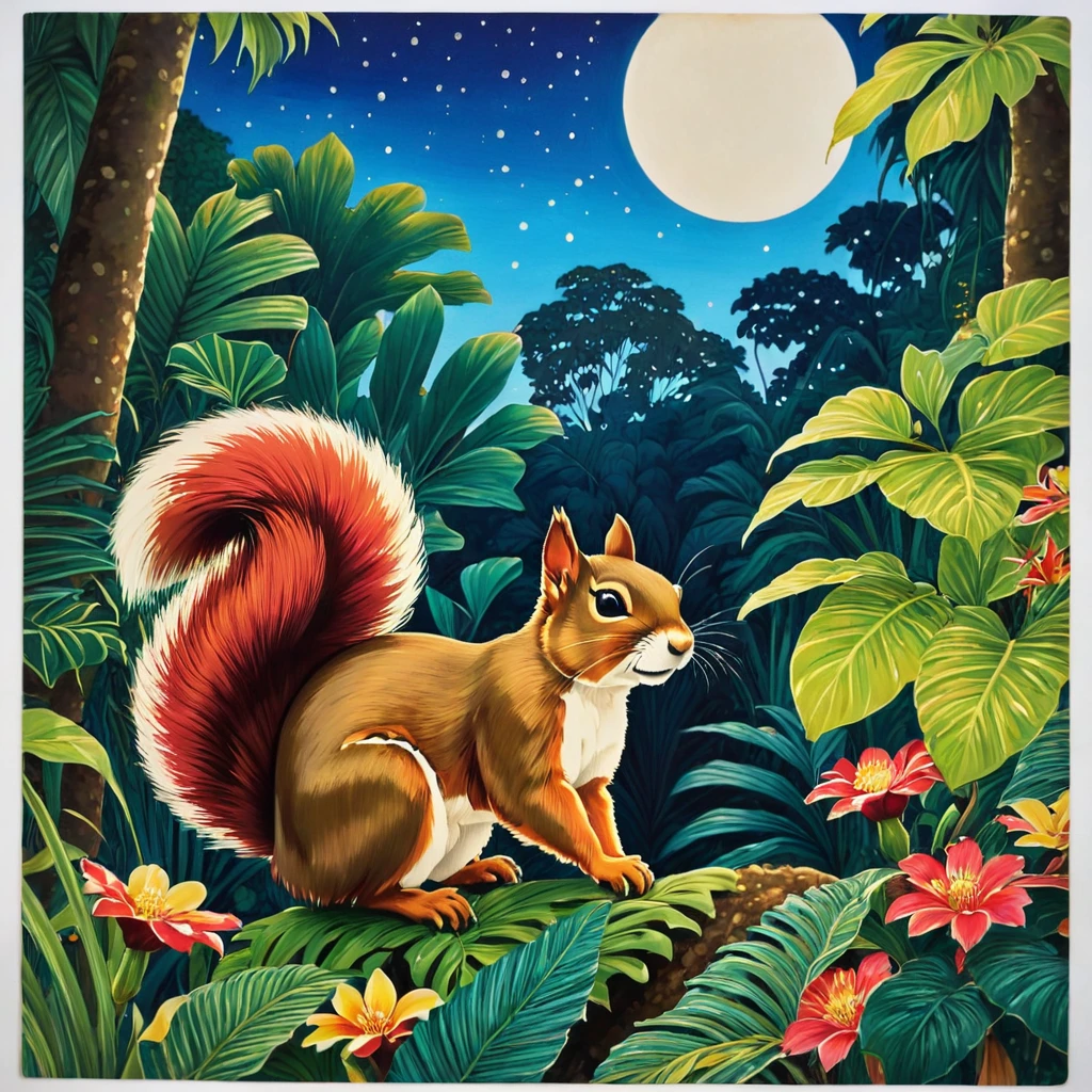Create a naive art painting inspired by the vibrant and whimsical styles of Halyna Kulaga and Laurel Burch. Depict a beautiful squirrel girl amidst a lush jungle, surrounded by rich tropical foliage. Use bold, expressive strokes and textural elements to bring the scene to life.

Imagine the squirrel girl with a playful expression, her fur adorned with intricate patterns and vibrant colors. She is nestled among the dense greenery, with large, exotic leaves and colorful flowers framing her figure.

In the background, paint a radiant, colorful moon that casts a magical glow over the entire scene. The moon's hues blend harmoniously with the vivid colors of the jungle, creating a dreamlike atmosphere.

Incorporate elements of whimsy and fantasy, with bold and saturated colors, and let the painting radiate joy and enchantment. Use thick, textured brushstrokes to add depth and dimension, making the foliage and the squirrel girl's fur stand out.


