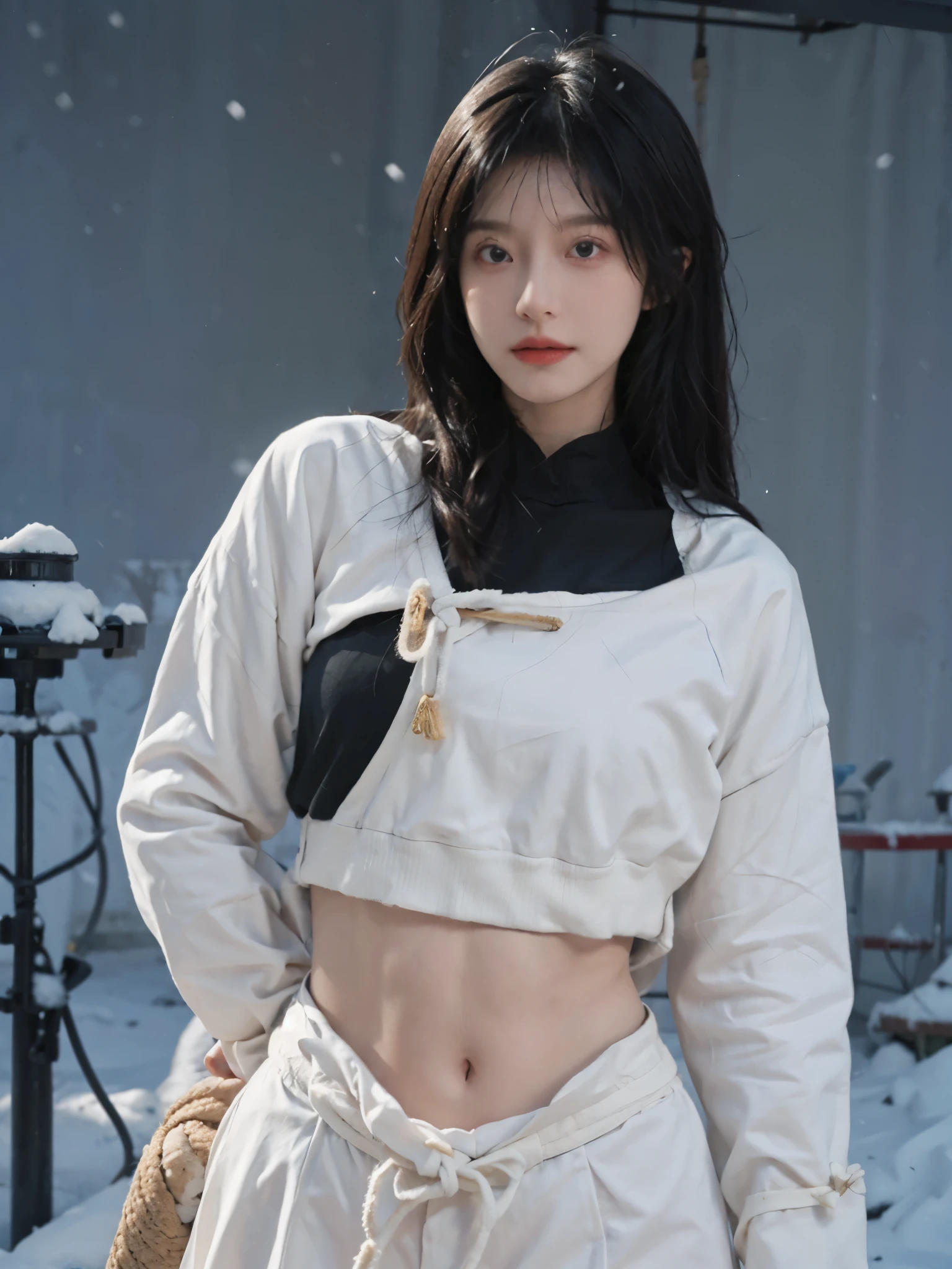 best quality， Ultra-high resolution,16K， Snow White Background，Abdominal muscles，（Realistically：1.4）， girl，JK， A pair of eyes as clear as snow,Imperial sister，Black long straight， Looking at the audience， 