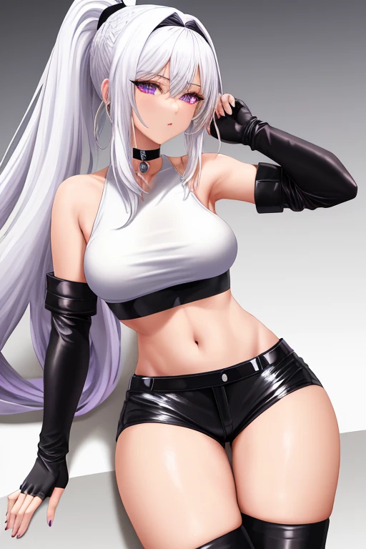 Tall body
Small perky breasts
White hair in a high ponytail
Black choker
Metallic purple irises
Black fingerless elbow gloves
White crop top
Black bicycle shorts
Black leather ankle boots