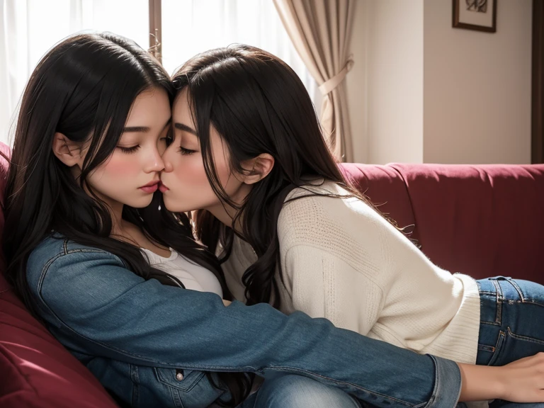 peeking perspective, 2 intimated young ladies, one as 25 years old, another as 32 years old, wearing loosen clothes, kissing each other passionated, one above another, cuddling on sofa