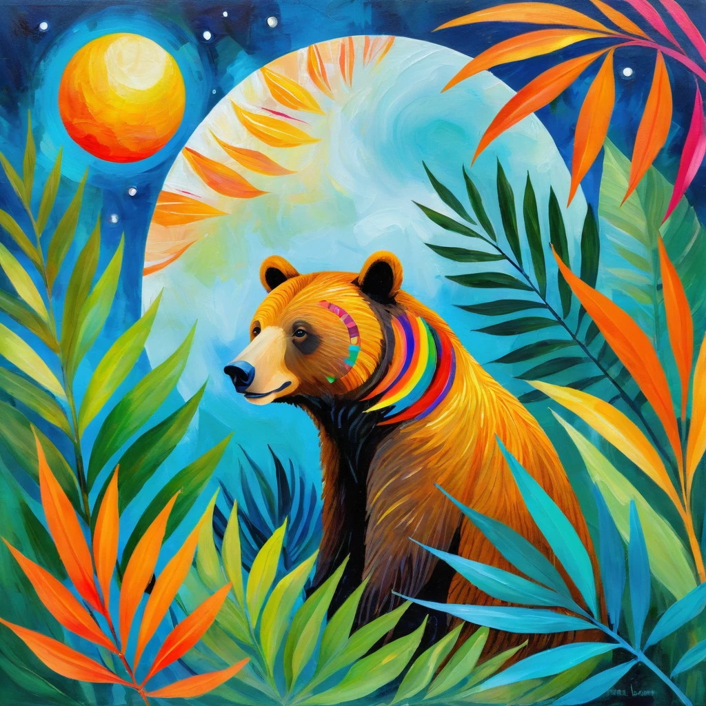 Naive art painting inspired by Halyna Kulaga and Laurel Burch of a beautiful mama bear in the jungle, tropical foliage, a colorful moon, bold strokes, textural.

