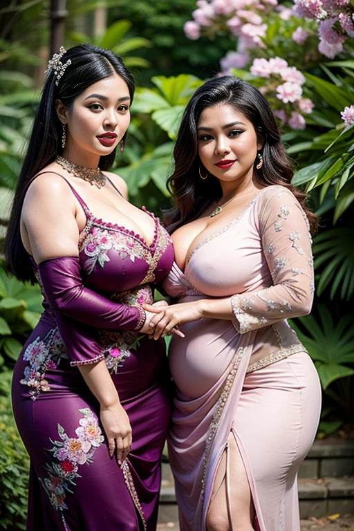 2girl, two beautiful chubby Malay woman, purple kebaya dress, long straight hairs with ornaments, heavy make up, red lipstick, curvy body, thick tighs, large breast, absolute cleavage, natural skins, flower garden background, bokeh, realistic, hd