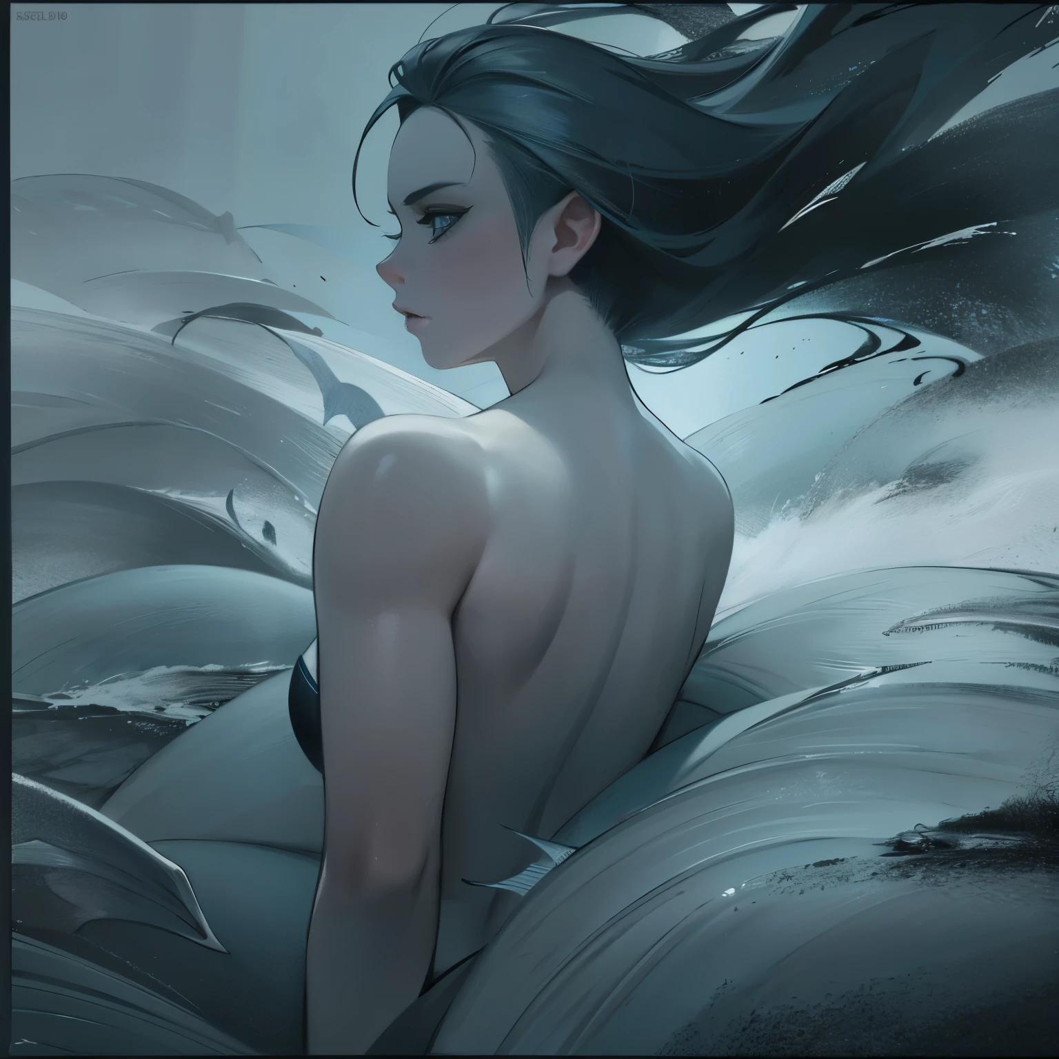 best quality,4k,8k,highres,masterpiece:1.2,ultra-detailed,photorealistic,advertising poster,mermaid,storm,monochromatic,harrowing,contrasting colors,dynamic lighting,water reflections,striking composition,dramatic atmosphere,mysterious concept