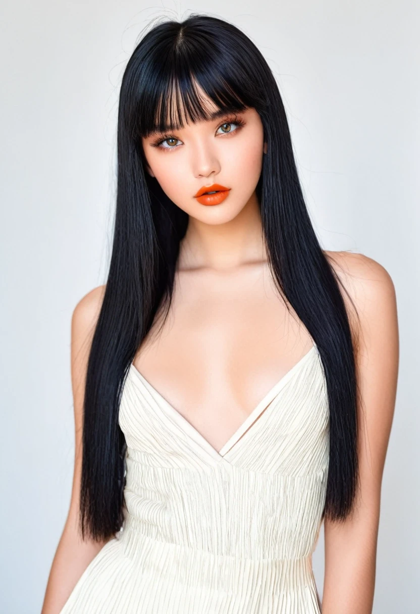 "Generate the image of a 19-year-old influencer with fair skin and striking features. She should have light, expressive eyes, and long, straight black hair with a straight fringe slightly covering her forehead. Her face should reflect beauty and symmetry, with well-defined lips and a light natural makeup that enhances her youthful allure. Her body is very attractive and well-proportioned, dressed in fashionable clothing that complements her figure. The pose should be elegant and confident, capturing the essence of a modern and sophisticated young influencer. The background of the image should be neutral and soft, to highlight the central figure."