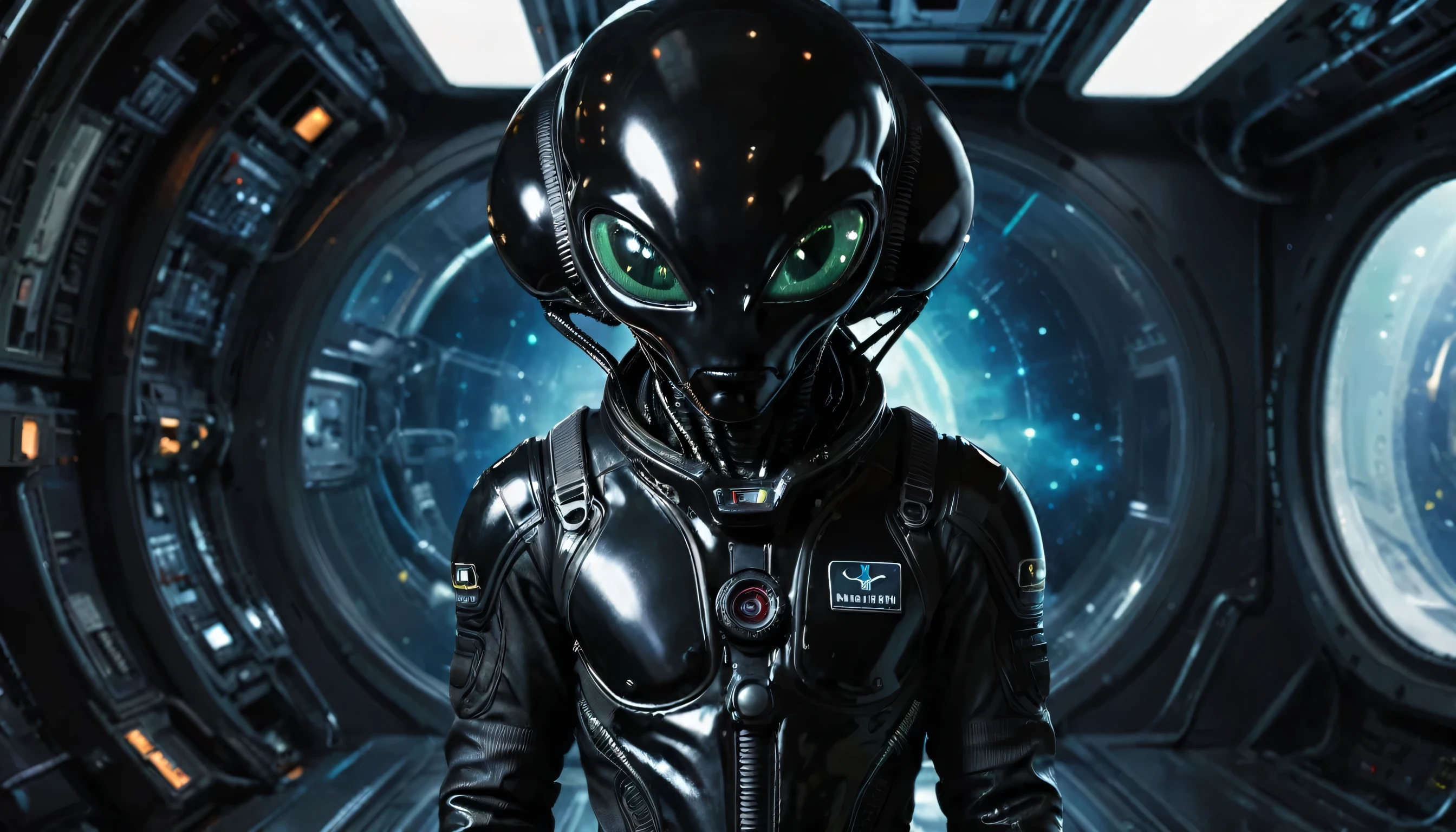 portrait of an alien, Wearing a high-tech black pressure suit, Alien spaceship background