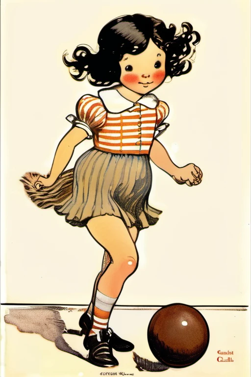 Kate Greenaway Style - a girl of 8 years, black hair, brown shoes, eyes shining with curiosity, in school, play ball with friends, bright and courageous, brave, bright smile, in style of Randolph Caldecott book illustration, nude body, flat torso, pussy, ass