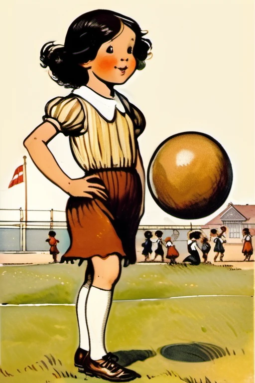 Kate Greenaway Style - a girl of 8 , black hair, brown shoes, eyes shining with curiosity, in school, play ball with friends, bright and courageous, brave, bright smile, in style of Randolph Caldecott book illustration, nude body, flat torso, pussy, ass