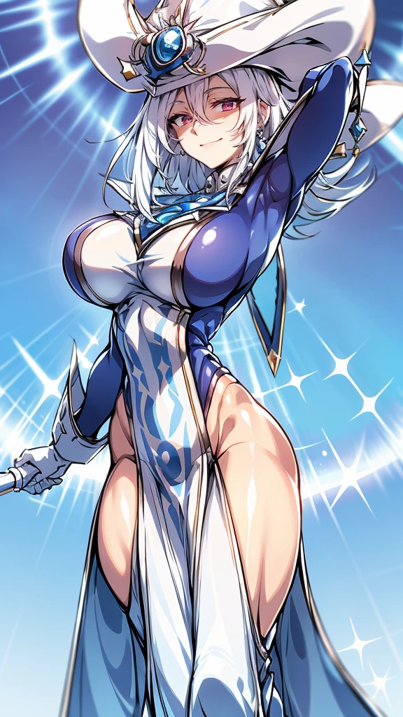 Silent magician, ropa apretada, poca piel visible, ((  ruborizada, sonrisa, feliz, oiled skin)),  pelo largo, cabello blanco, (( white hair, piernas descubiertas)), sombrero blanco, Skinny body, abs, muscle, muscle girl, big sagging  , monstruo de duelo, Iparuputsua, de pie en la entrada de un castillo, brazos a los costados, magic world background, mundo medieval .