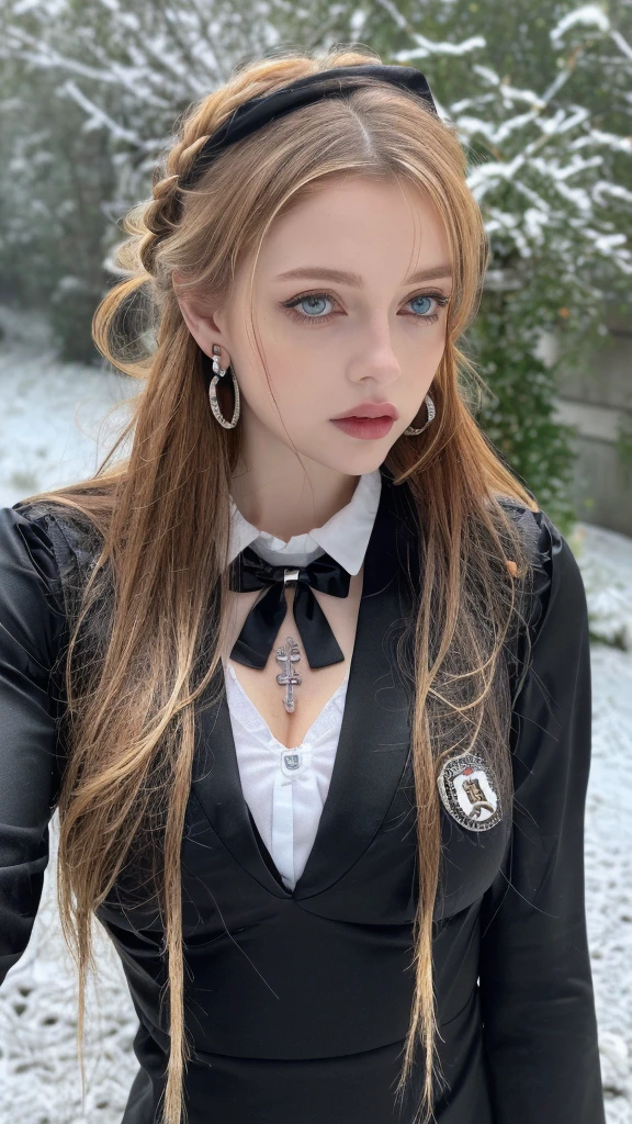 1 miniature Beautiful beautiful woman - Yuan Sayuki, ((top quality, 8K, Masterpiece:1.retty woman, 1 woman, huge breasts:1.3, a slim body:1.1, lush GINGER long hair with 2 buns, (shower, wet body, wet clothes:1.1), very detailed face, detailed lips, detailed eyes, double eyelids, Detailed blue eyes, чрезвычайно Detailed Outstanding Blue Eyes, long GINGER wet hair, GINGER wet hair, Detailed Outstanding Blue Eyes, innocent look at the viewer, very wet wavy white hair, Detailed Outstanding Blue Eyes, huge cross earrings, Outdoors, badges behind, gothic maid uniform, sexy maid dress, bare chest, huge chest tattoo, detailed huge catholic cross earrings, chest tattoo, Outside, wear a silver cross (Detailed cross shape), reality mode, wet breasts, black necklace, human crowd behind, black latex gloves, hair of white snowy colour, night time, red neon lights, demonic nun, nimbus (golden lighting ring above her head), angel, snowy weather, sexy pose, white lingerie, black maid dress, detailed flower wreath made of different colours, open chest (tattoo on her chest)