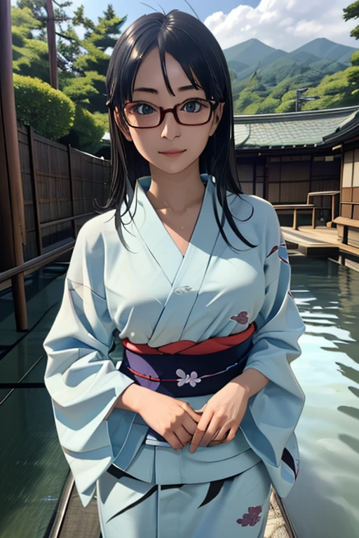 (masterpiece, highest quality), One Girl,  Satou, Satou, Glasses, yukata, Satou, Glasses, 赤いフレームのGlasses, Onsen town in Japan:1.5,Head to waist,yukata:1.6,hot spring,Dogo Onsen,Kusatsu Hot Springs,