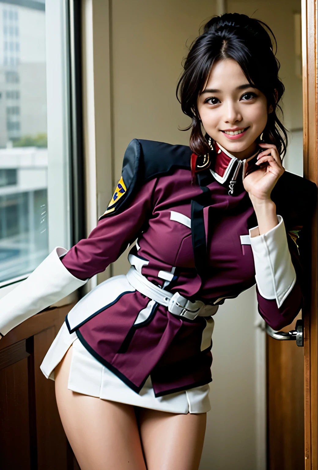 Actual photo、Best image quality、The real picture、The best smile、（White panties:1,4）、Federal Army Uniform Miniskirt、Yuko Sugai、Japanese women, ************、ponytail、satomi ishihara、pretty girl、White pantiesーが丸見え、（White pantiesー:1.3）、Ultra mini skirt、Beautiful thighs、White pantiesー、ミニスカートがめくれてWhite pantiesーが見えてる