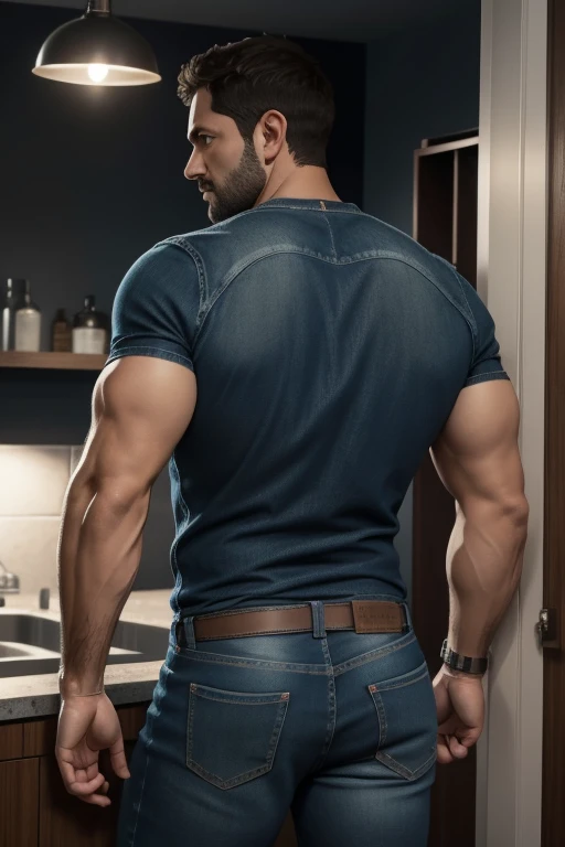 Realistic 8K image of a 33-year-old man, rubio, Fuerte, musculoso y nalgon, cabello corto, ojos verdes, Vestido con una camiseta blanca sin mangas y jeans negros, shy expression, de pie en la sala de estar de un apartamento sencillo, escena nocturna. Cuerpo completo jeans, backside 