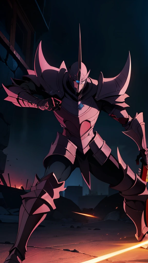 Anime-inspired League of Legends fan art featuring Aatrox. The Darkin Blade is depicted in a dynamic pose, his humongous sword gleaming menacingly. Aatrox, clad in his iconic armor, stands tall with a worried expression, as if reflecting on his next move. His humongous, muscular physique is accentuated by the latex luster of his armor, showcasing contours and swelling in a raised position. The armor's joints are intricately designed, and his short black hair is styled in loose waves. The background is a surreal, high-resolution 4K image of the battlefield, complete with ruins
