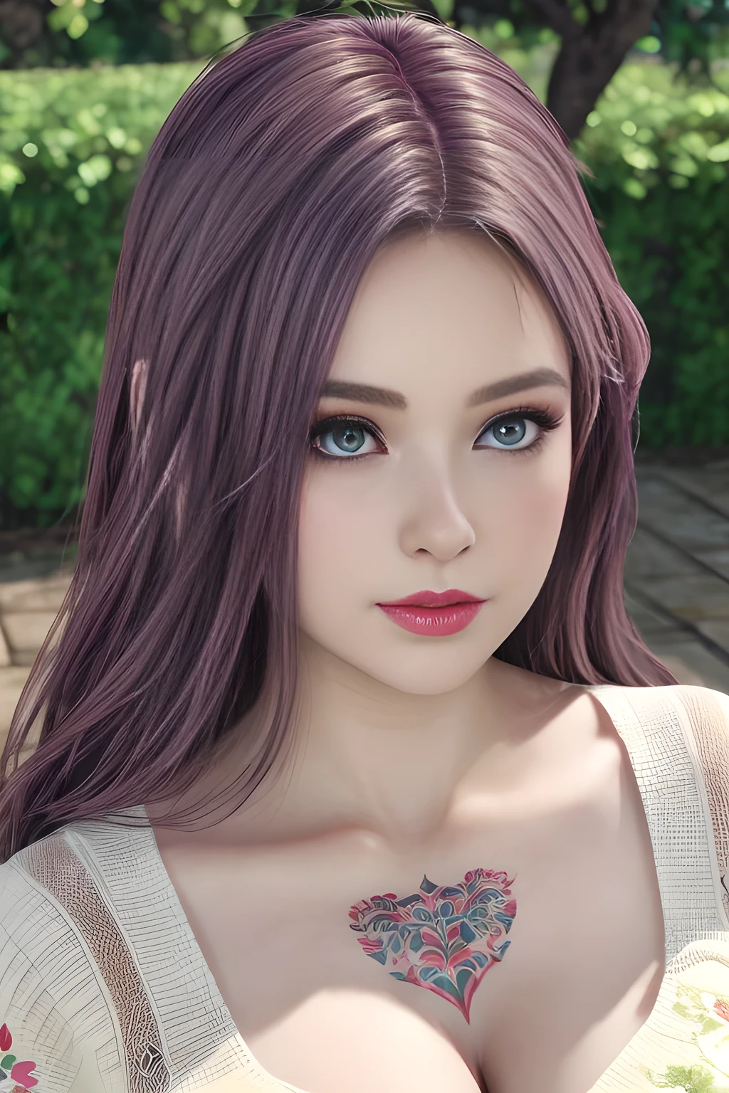 1girl, in a garden, white knit dress, appealing cleavage,( beautiful tattoo:1.2), overhead view, beautiful detailed eyes, beautiful detailed lips, extremely detailed eyes and face, long eyelashes, greenery around, blooming flowers, bright sunlight, shady trees, outdoor setting, feminine charm, detailed texture, snug fit, fashionable, soft fabric, radiant skin, (best quality,4k,8k,highres,masterpiece:1.2), ultra-detailed, (realistic,photorealistic,photo-realistic:1.37), elise,
